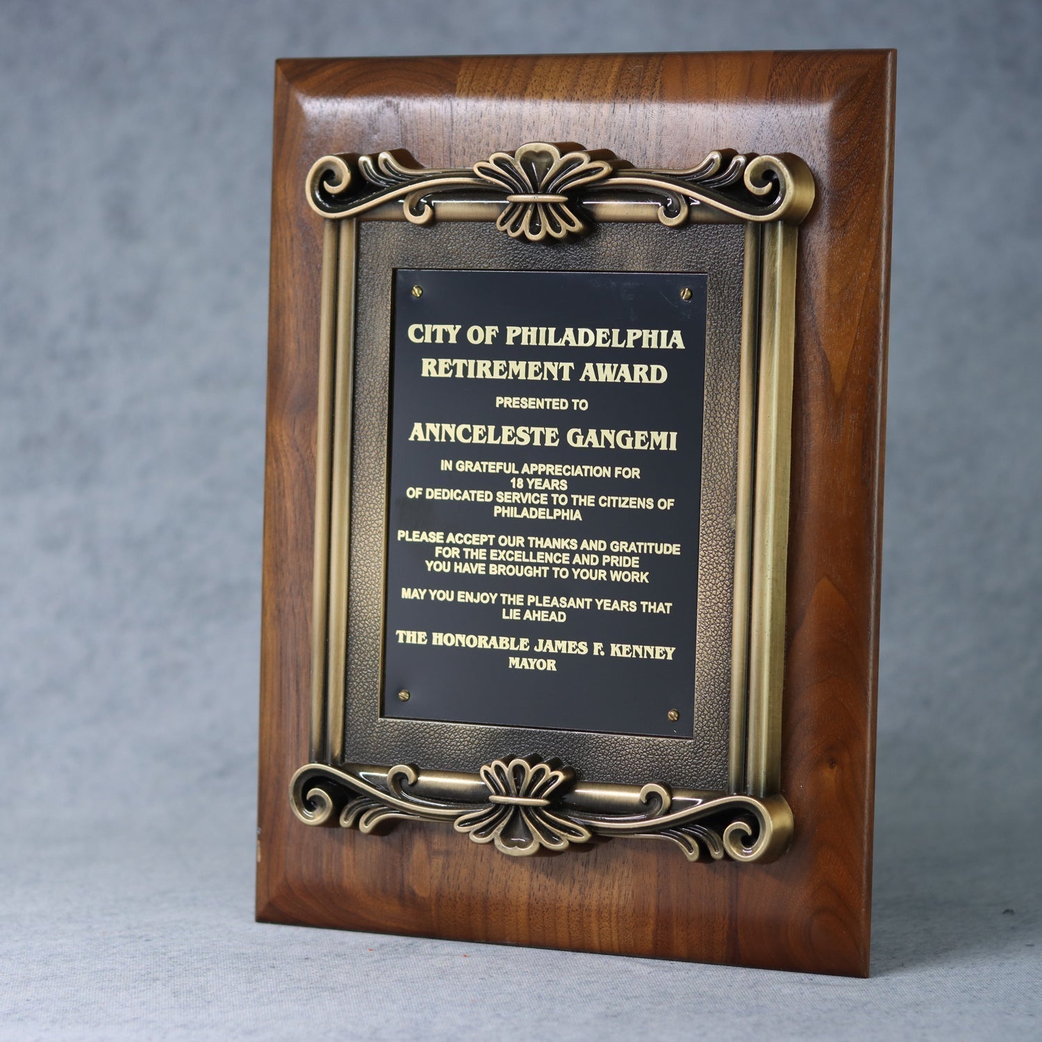 Solid Walnut Plaque with Antique Gold Metal Scroll Frame